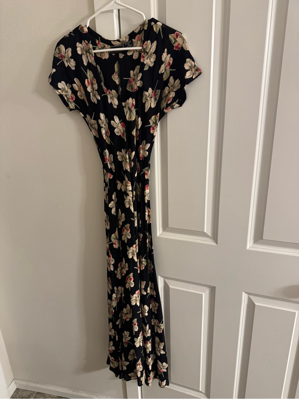 Vintage Starina Floral Black Maxi Dress with Cream and Pink Blossoms